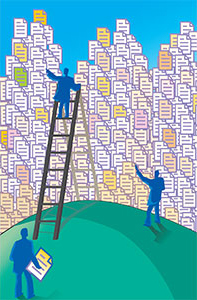 Image: People climbing on stacks of data