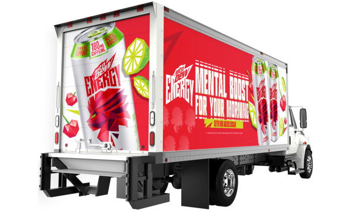 Truck with Mountain Dew Energy drink promotions painted on exterior
