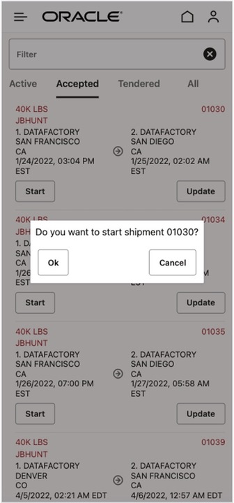 Oracle otm mobile app   shipment start 720