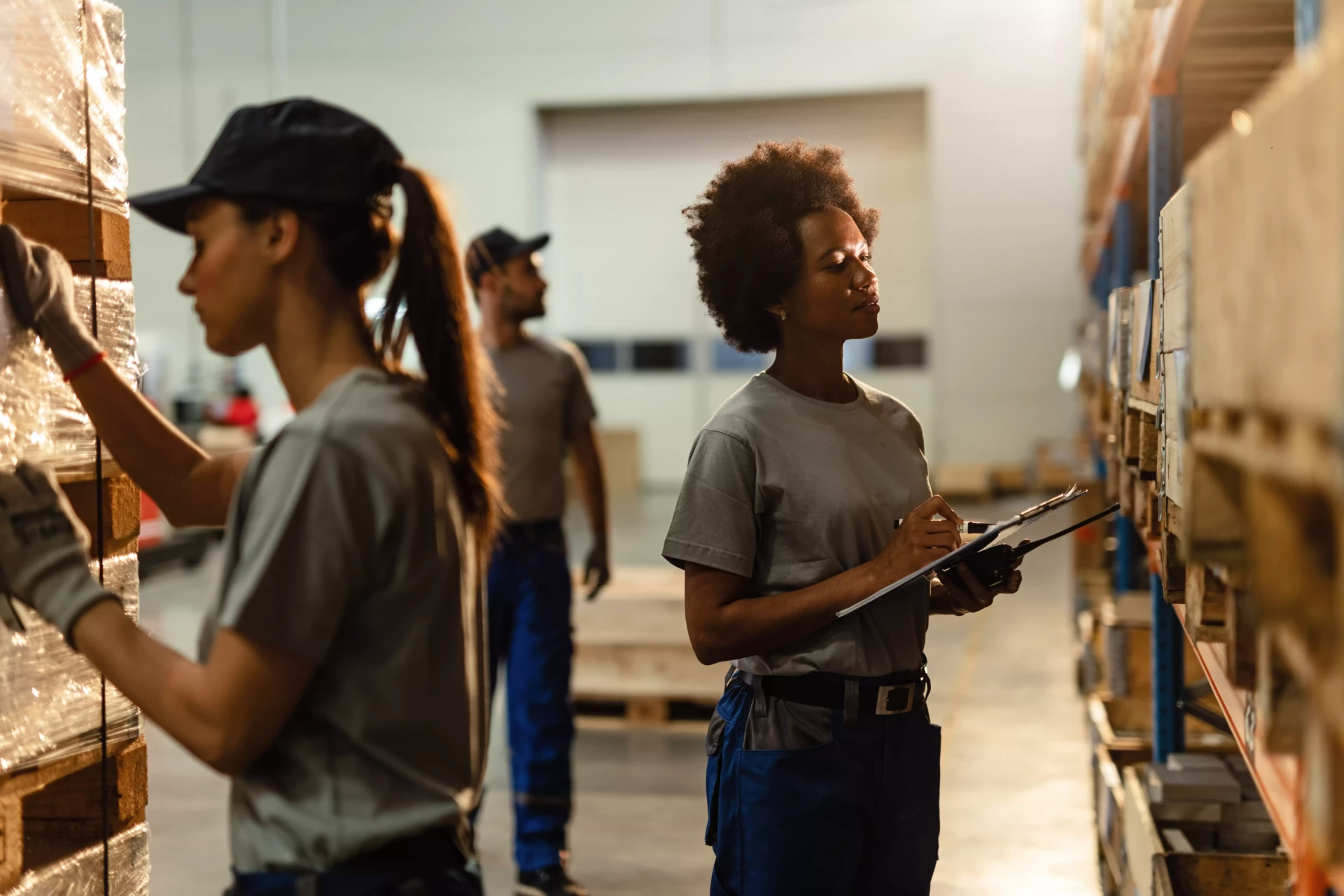 Propack black female warehouse worker going through shipment list while checking stock industrial storage compartment
