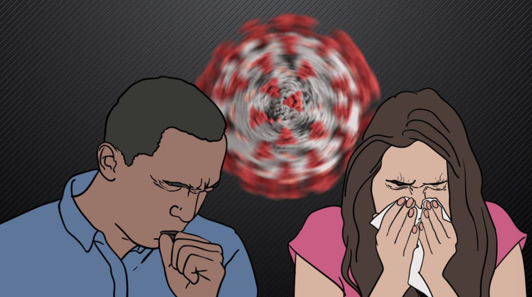 People sneezing with coronavirus in background