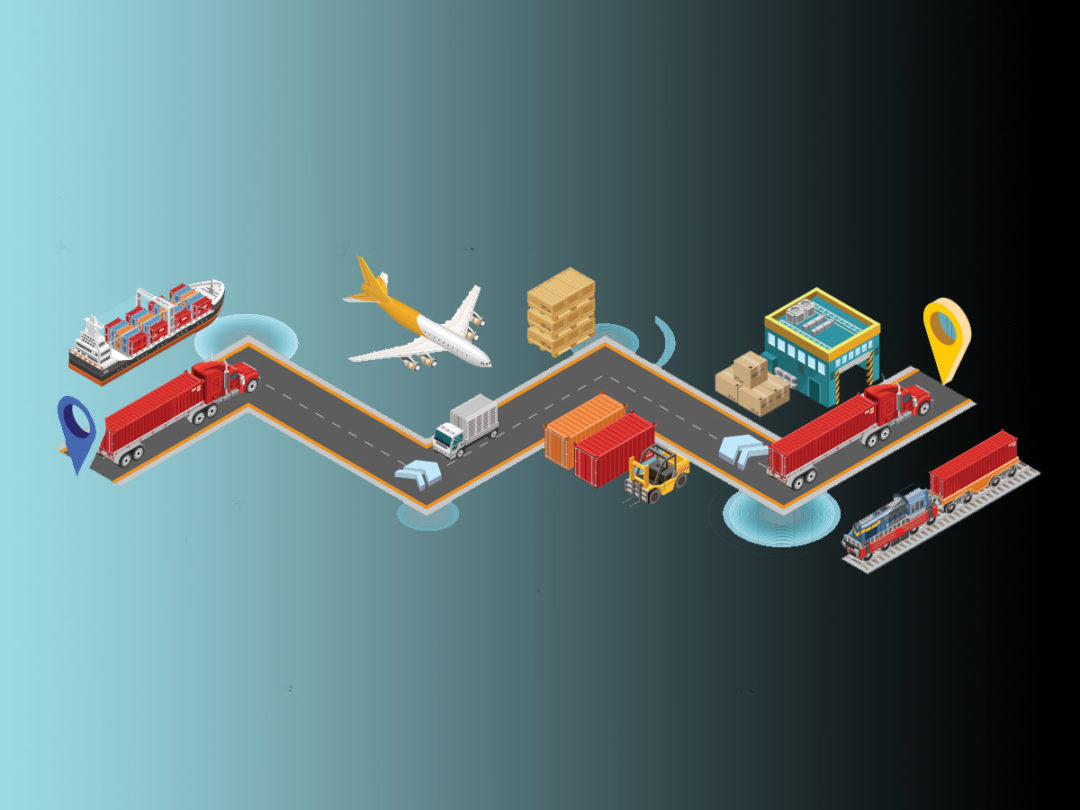 Trucks, train, ship, plane, lift truck, warehouse