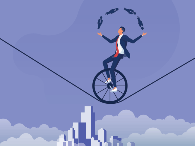 Businessman riding unicycle on tightrope juggling people