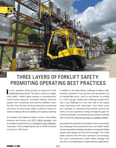 First page of Hyster white paper: Three layers of forklift safety: Promoting operating best practices