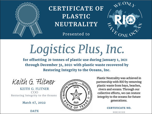 Logistics Plus Receives RIO Plastic Neutrality Certification for a Second Year