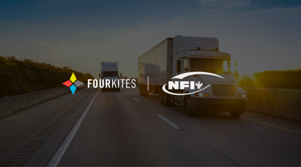 Trucks on road at night with FourKites and NFI logos superimposed over photo