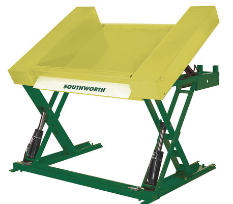 Lift and Tilt Table Lowers to Floor Level for Hand Pallet Truck Accessibility