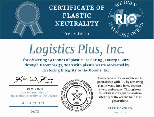Logistics Plus is First Corporate Sponsor to Enroll in the RIO Plastic Neutrality Program