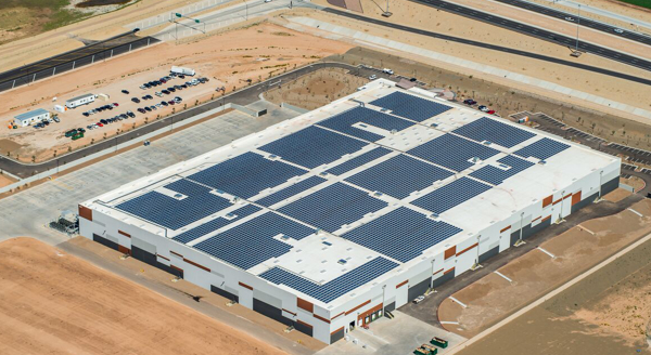 Aerial view REI Goodyear, Arizona, distribution center with rooftop solar panels