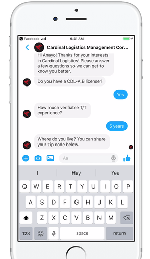 Phone screen showing Cardinal Logistics chat